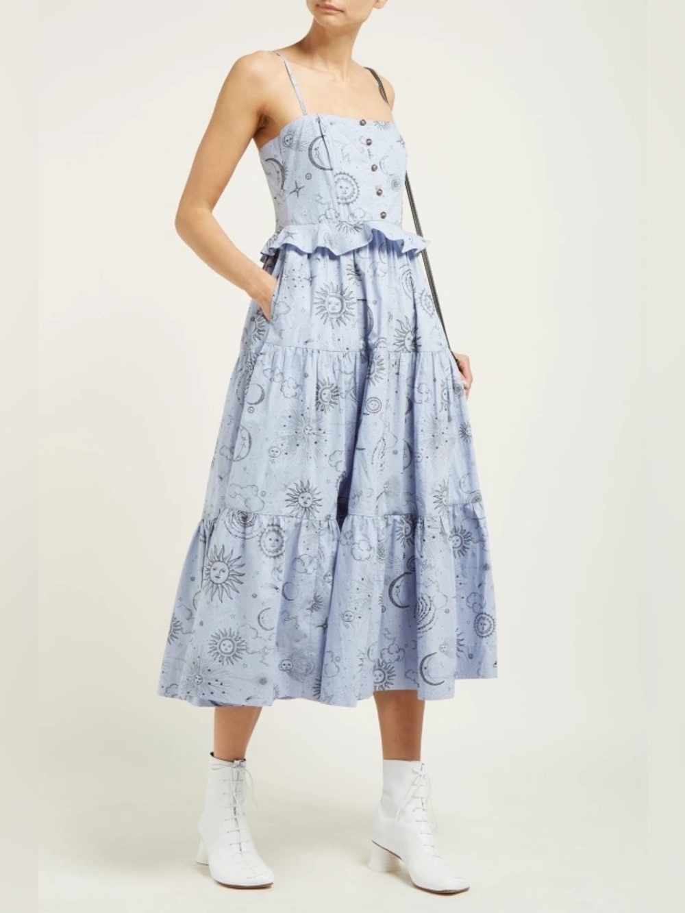 Ganni Over The Moon Celestial Midi Dress Tiered Ruffled Blue Cotton Poplin Sz S